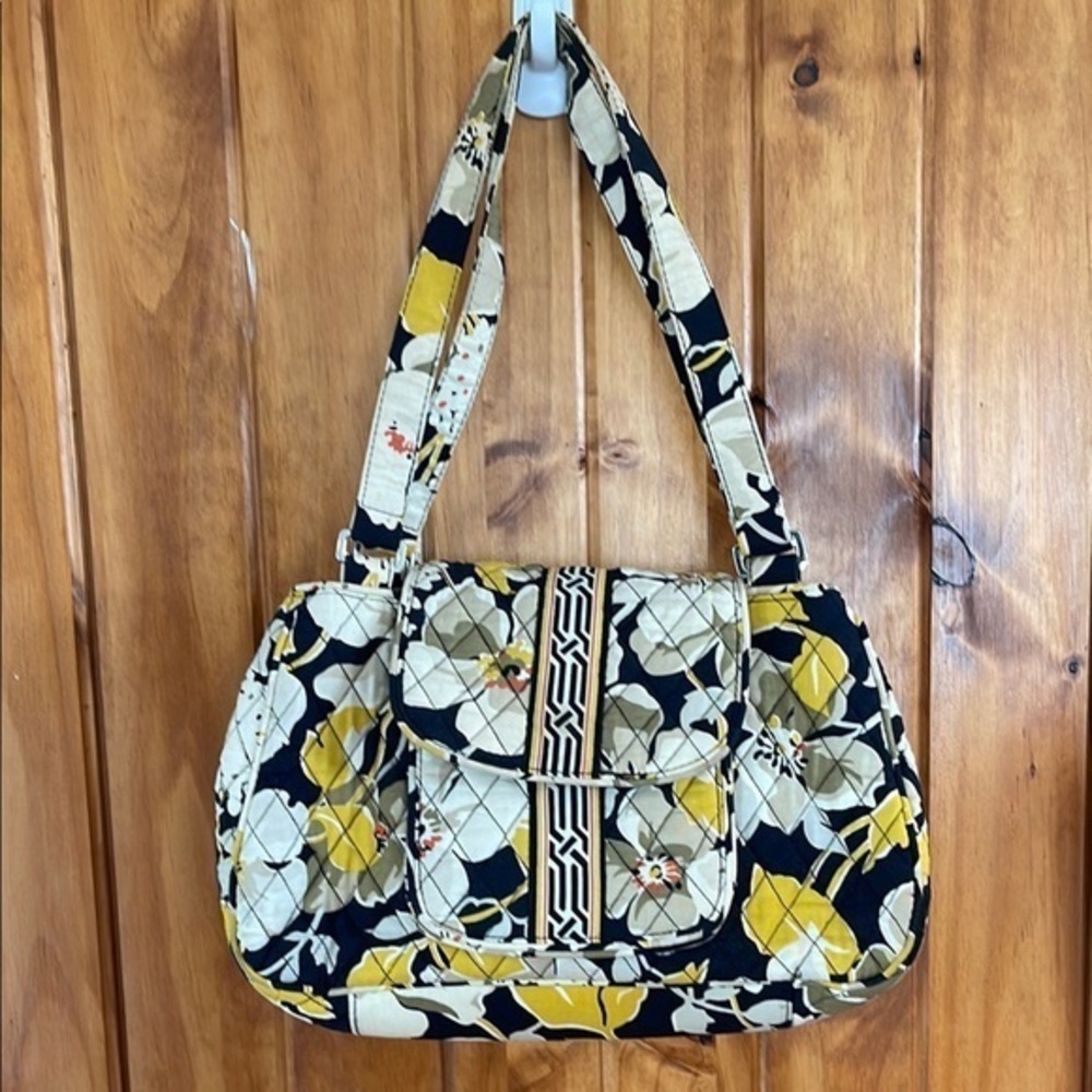 Vera Bradley Edie Dogwood Floral Shoulder Fabric Flap Bag Black Yellow Tan White